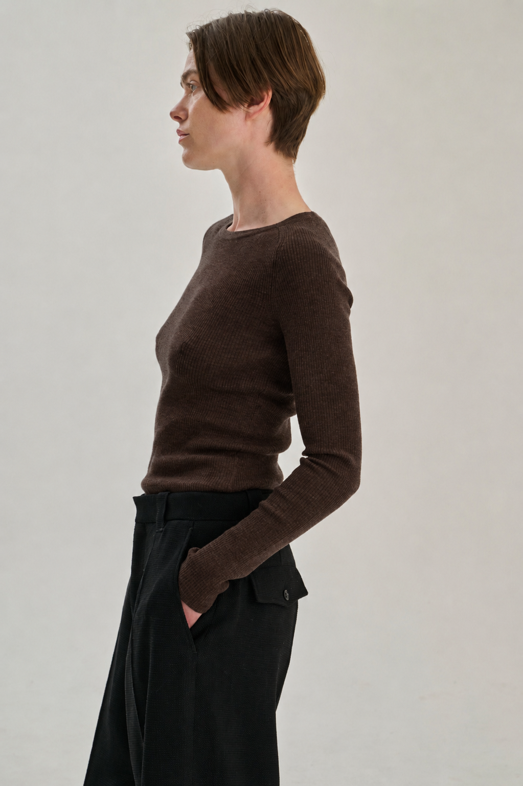 Rib Longsleeve T | Merino Wool | Dark Brown