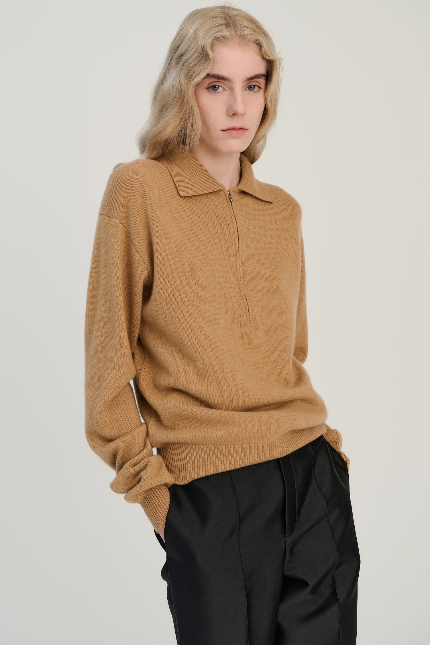 SW08.09 | Zip-Polo | Camel | Wolle &amp; Kaschmir