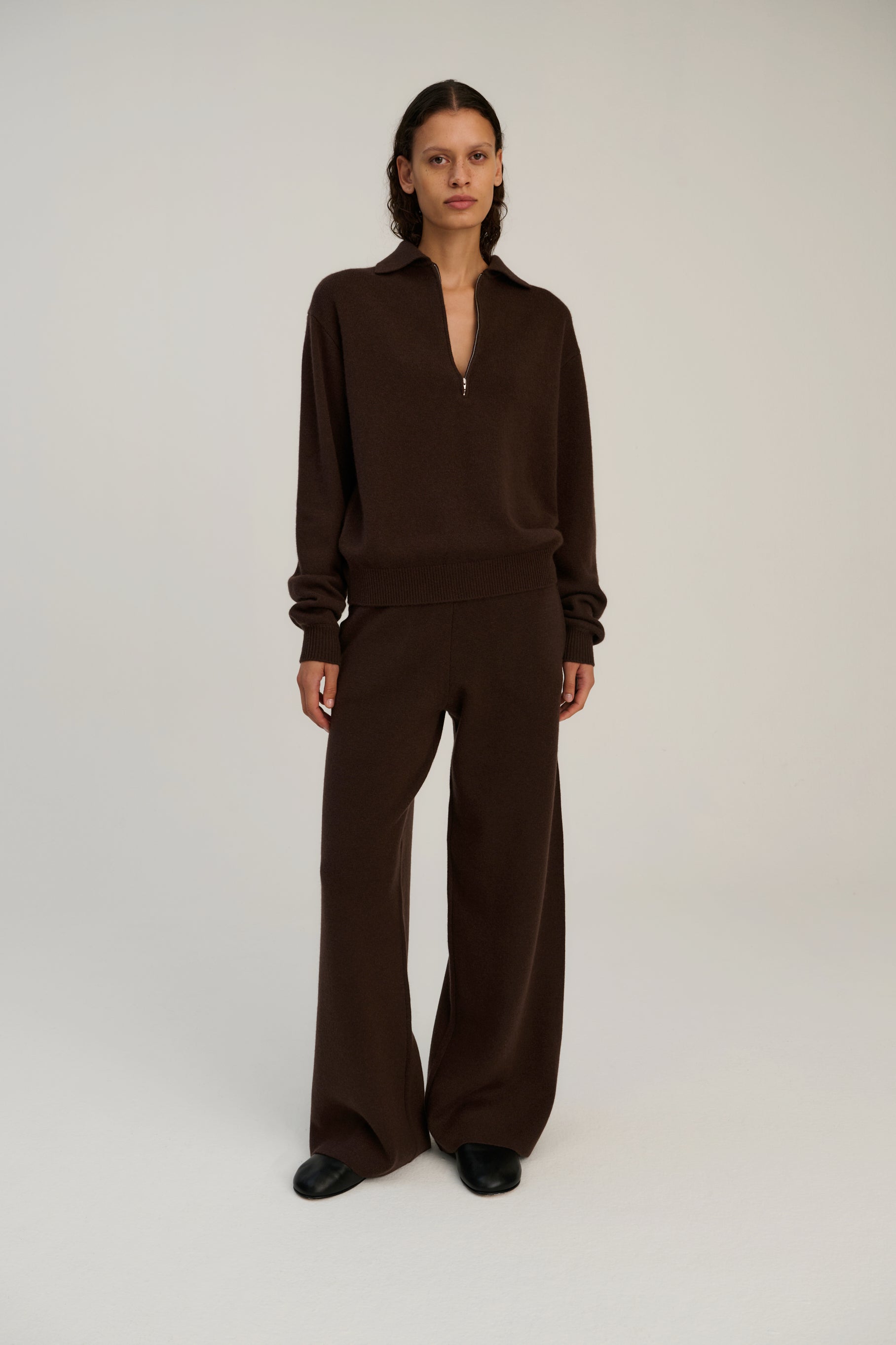 Zip Polo | Dark Brown | Wool &amp; Cashmere