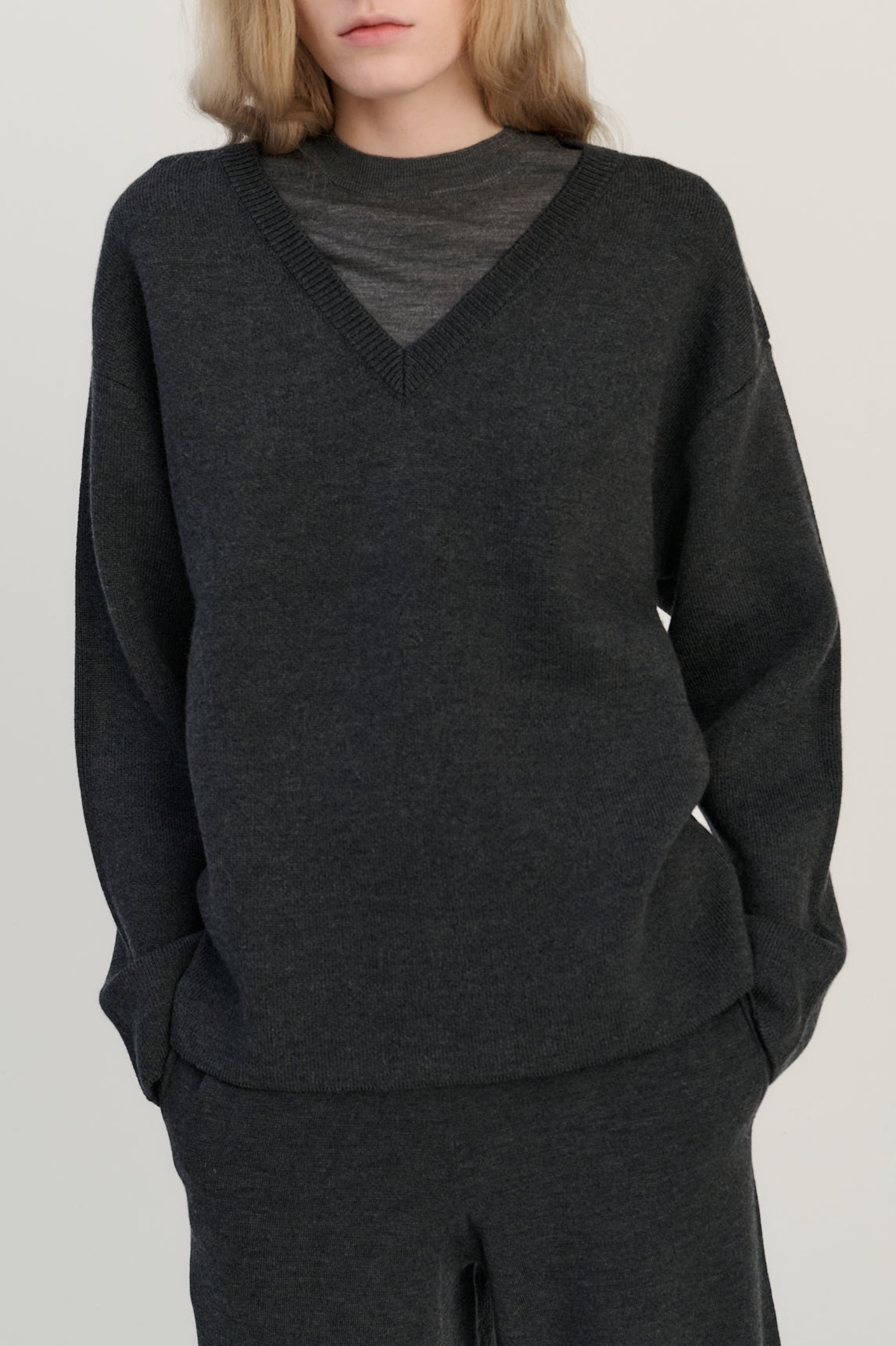 Double Knitted V |  Merino Wool | Dark Grey